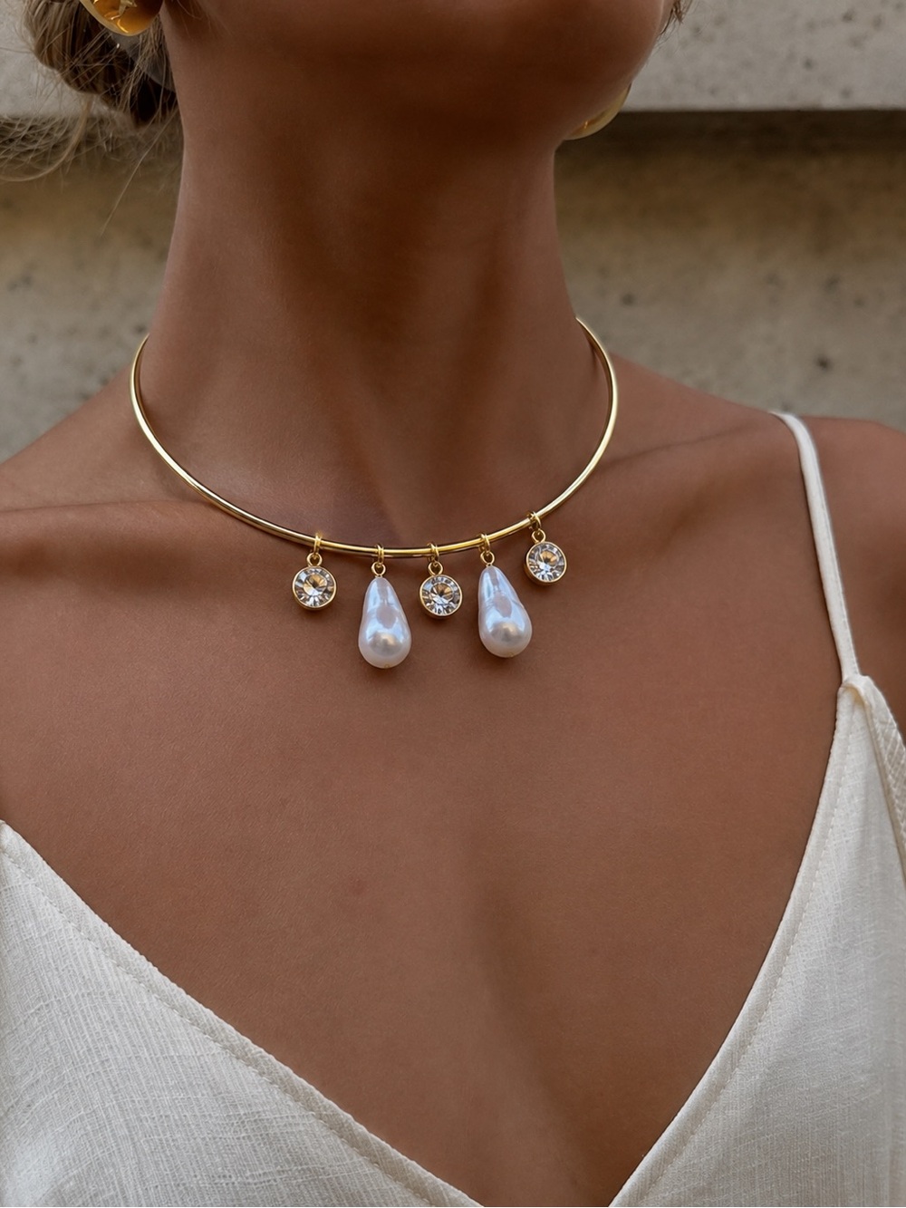 Gold Choker Necklace with White Pearl Drops and Crystal Accents